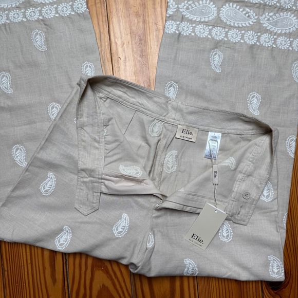 NWT Elie Tahari Linen Pants Womens Size 8 Tan Embroidered Paisley Boho Wide Leg - Picture 3 of 7